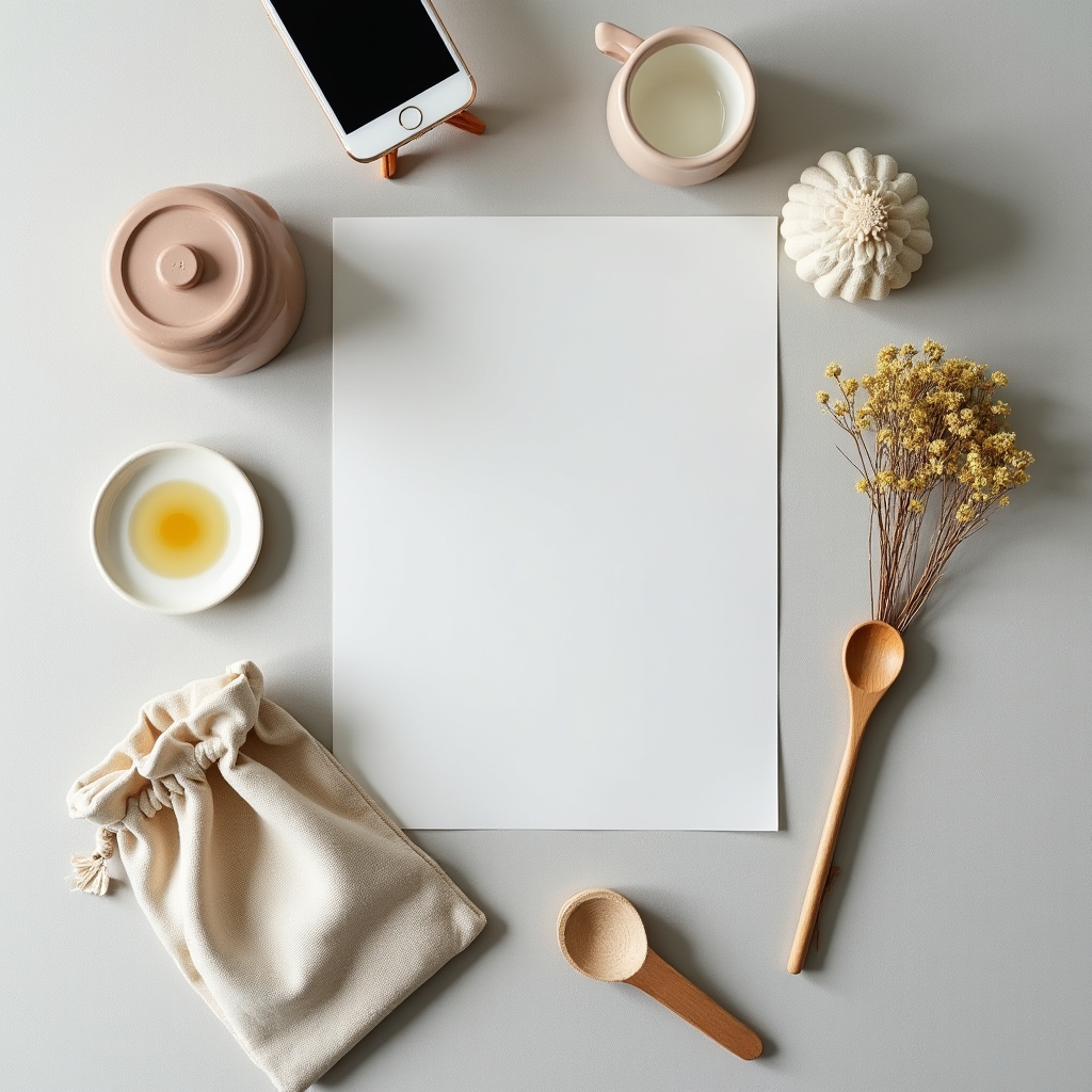 Composizione flat lay di prodotti artigianali fotografati dall'alto con smartphone