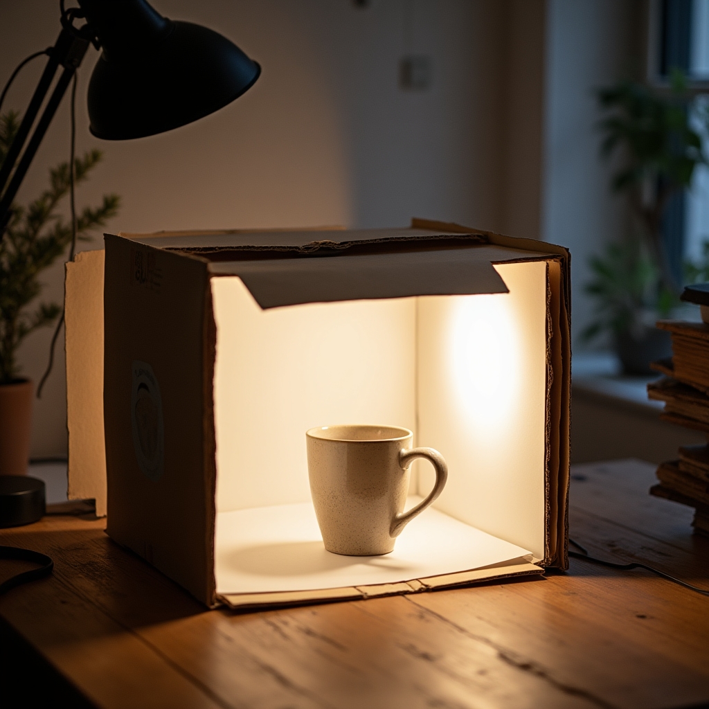 Mini studio fotografico costruito con materiali economici e cartone per fotografare prodotti