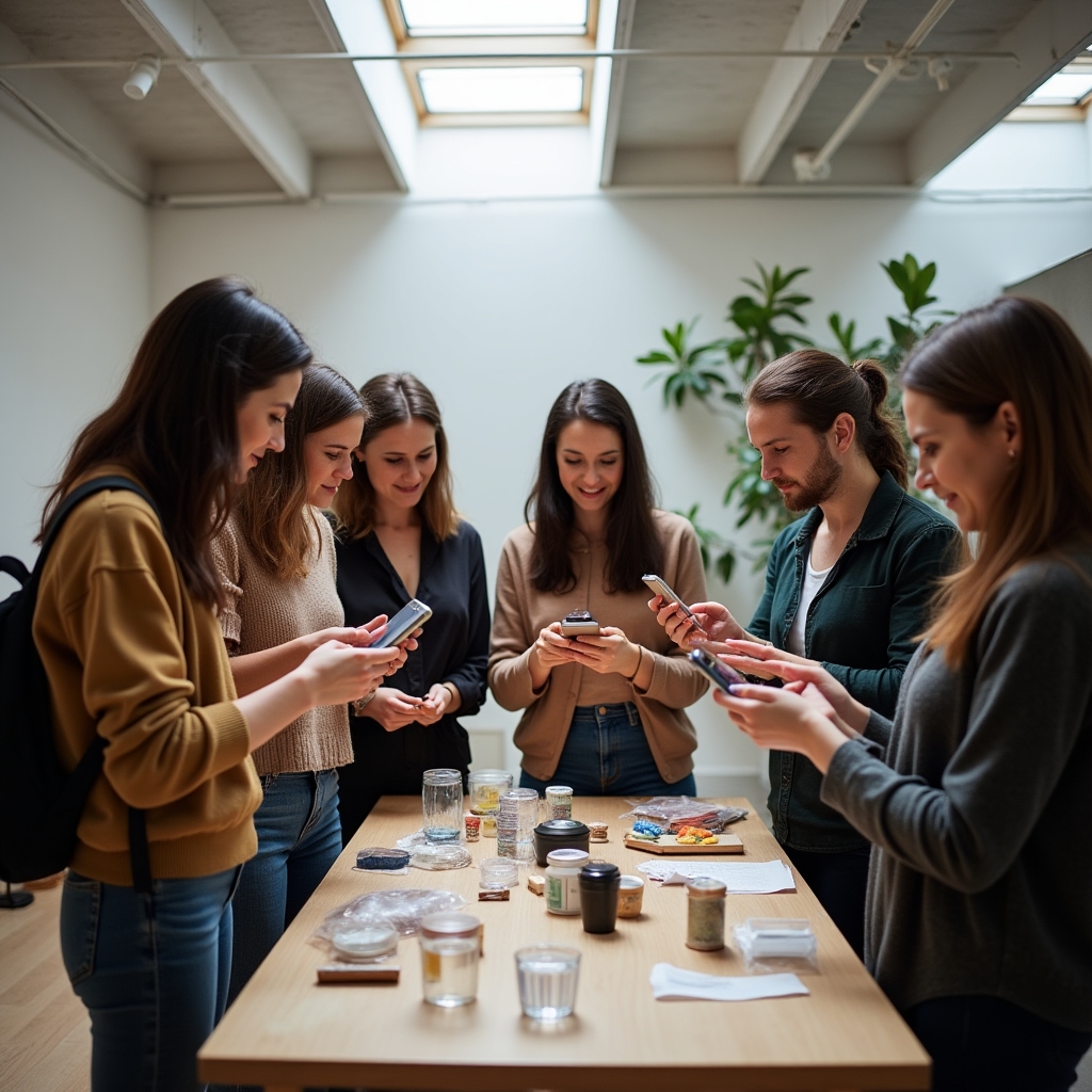 Gruppo di sei partecipanti durante sessione pratica di fotografia con smartphone