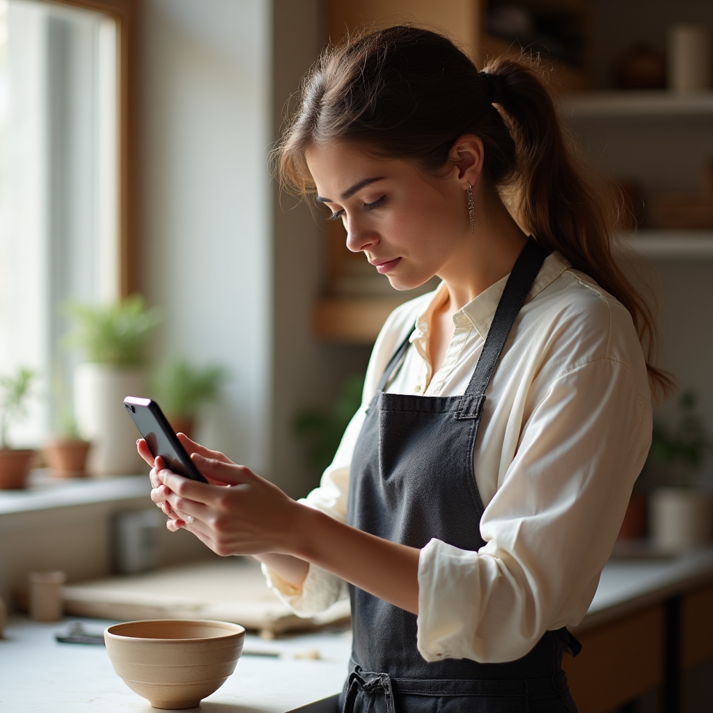 Partecipante al workshop fotografa prodotti artigianali con smartphone su sfondo neutro